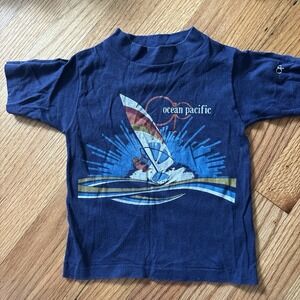 VTG 80s Ocean Pacific SS Ringer T-Shirt Size 4 Youth USA Windsurfing OP Navy